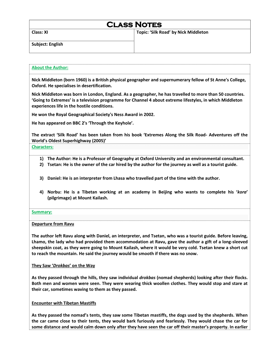 Class Notes Class: XI Topic: ‘Silk Road’ by Nick Middleton