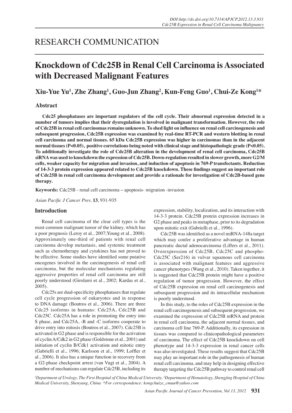 Knockdown of Cdc25b in Renal Cell Carcinoma Is Associated with Decreased Malignant Features