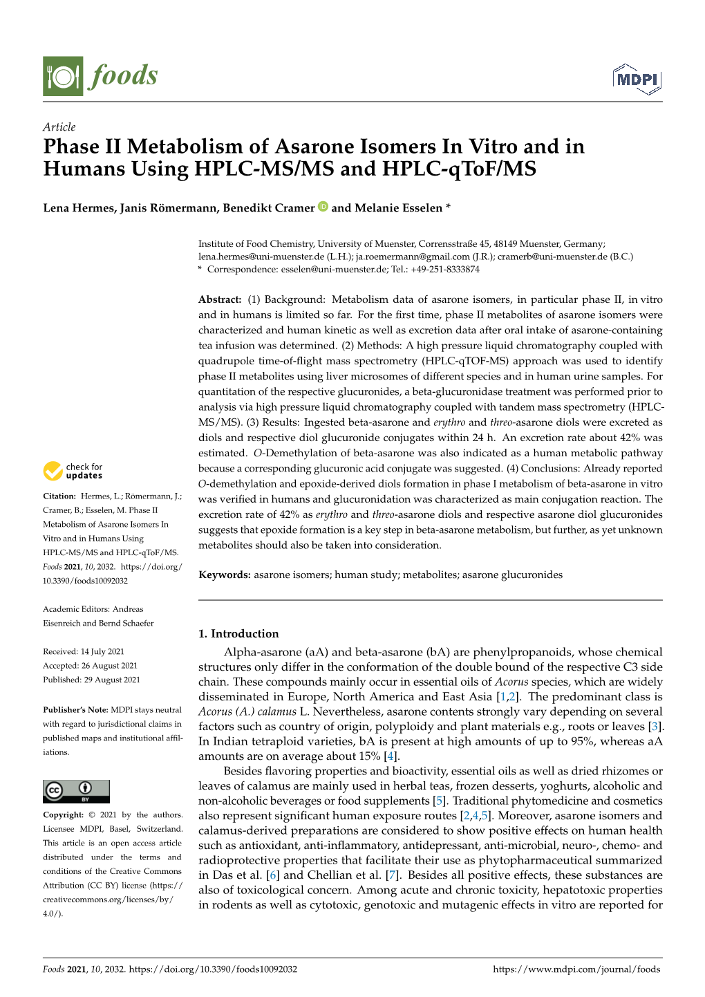 Phase II Metabolism of Asarone Isomers in Vitro and in Humans Using HPLC-MS/MS and HPLC-Qtof/MS