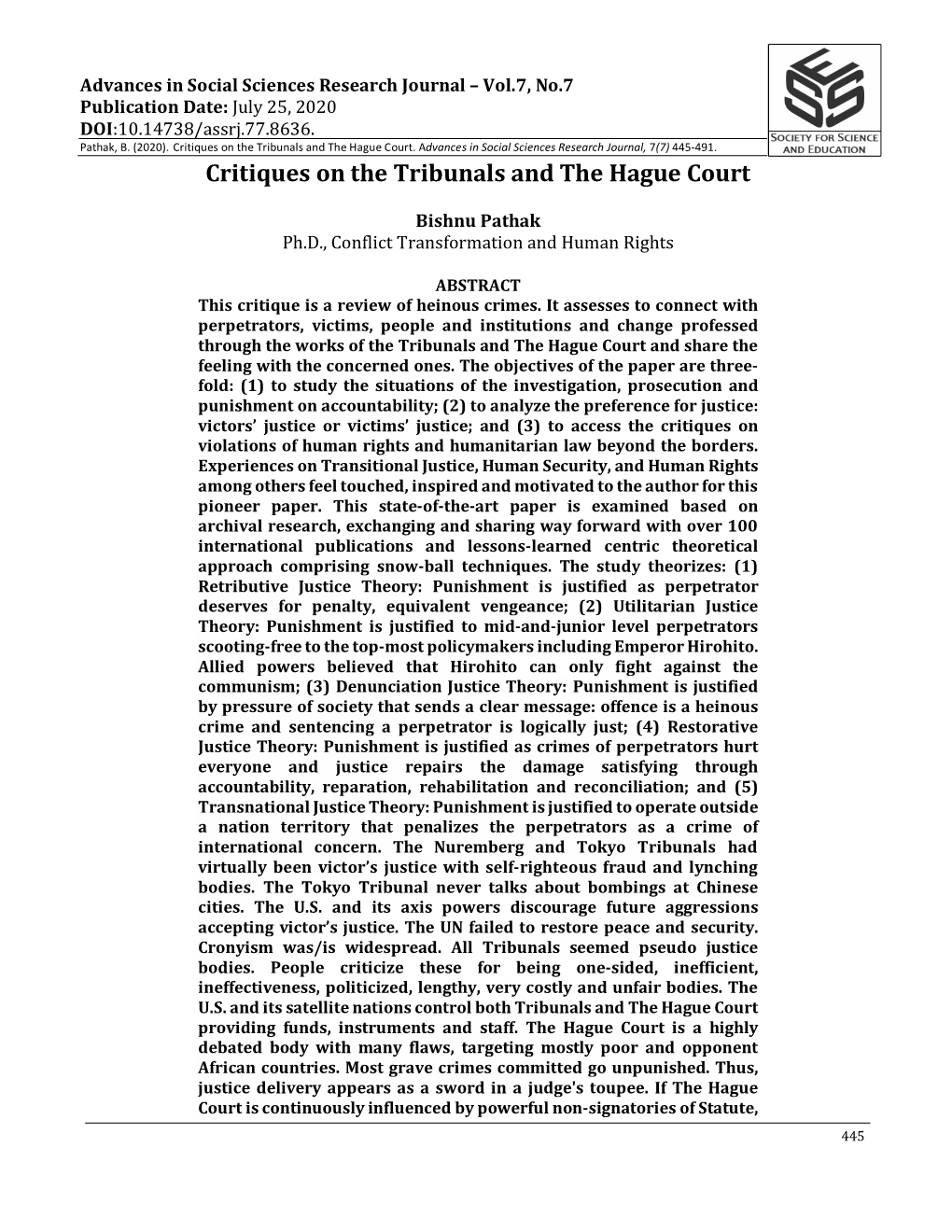 Critiques on the Tribunals and the Hague Court