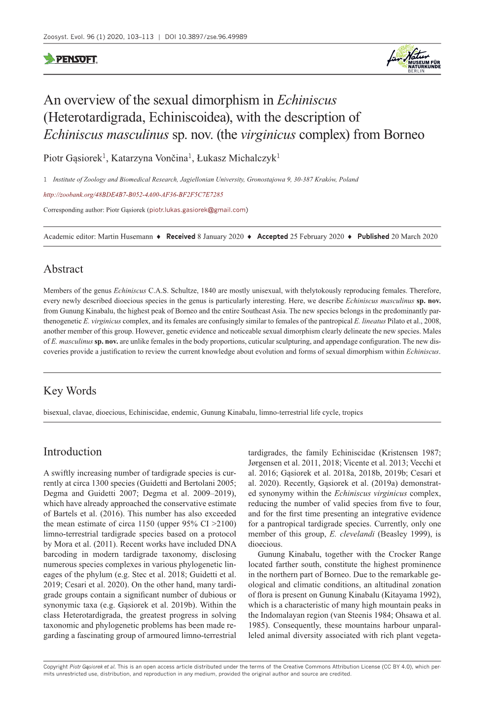 With the Description of Echiniscus Masculinus Sp. Nov. (The Virginicus Complex) from Borneo