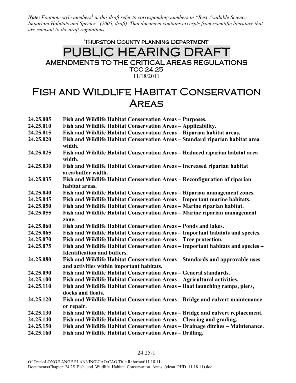 Public Hearing Draft Amendments to the Critical Areas Regulations Tcc 24.25 11/18/2011