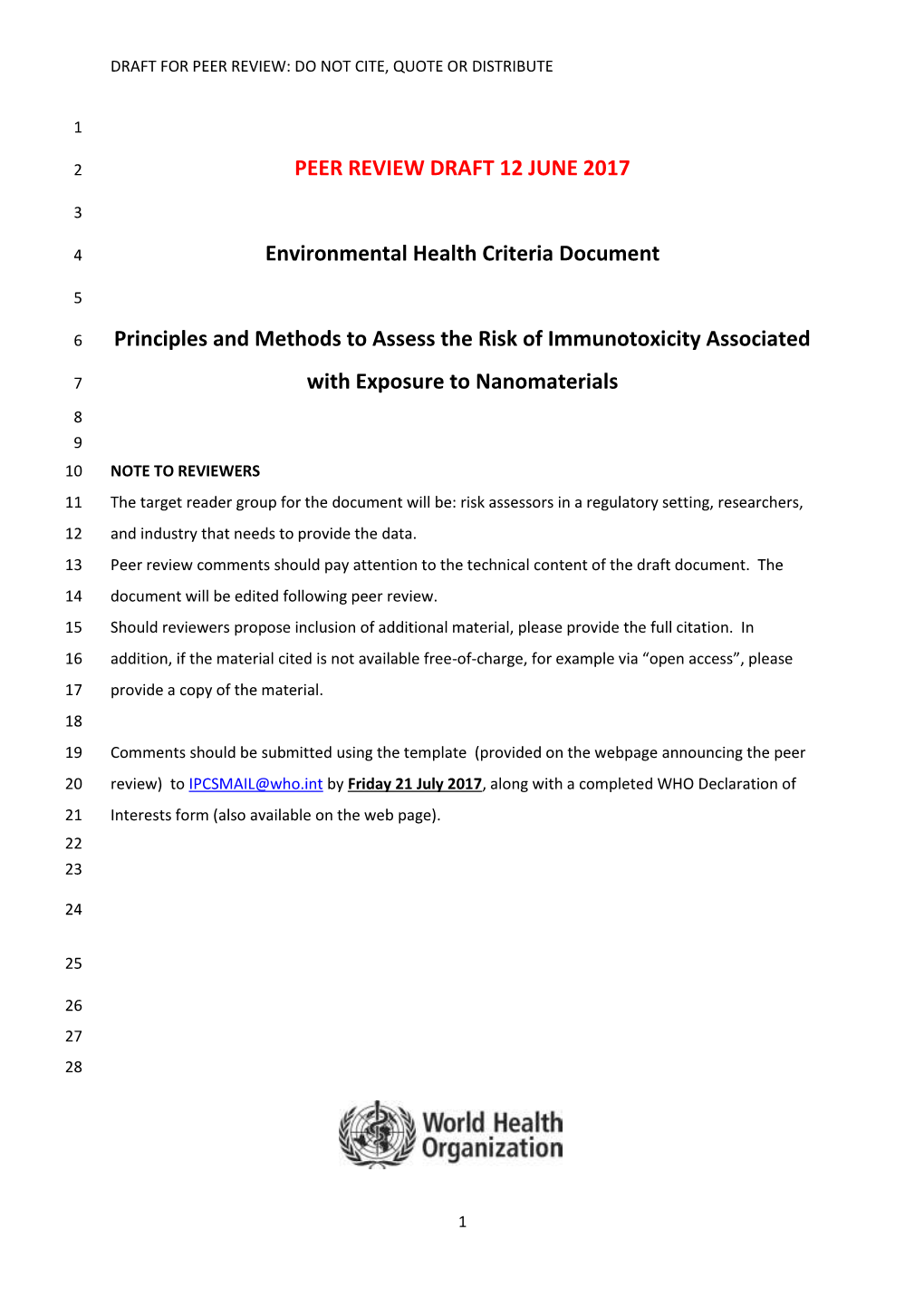 PEER REVIEW DRAFT 12 JUNE 2017 Environmental Health Criteria Document Principles and Methods to Assess the Risk of Immunotoxicit