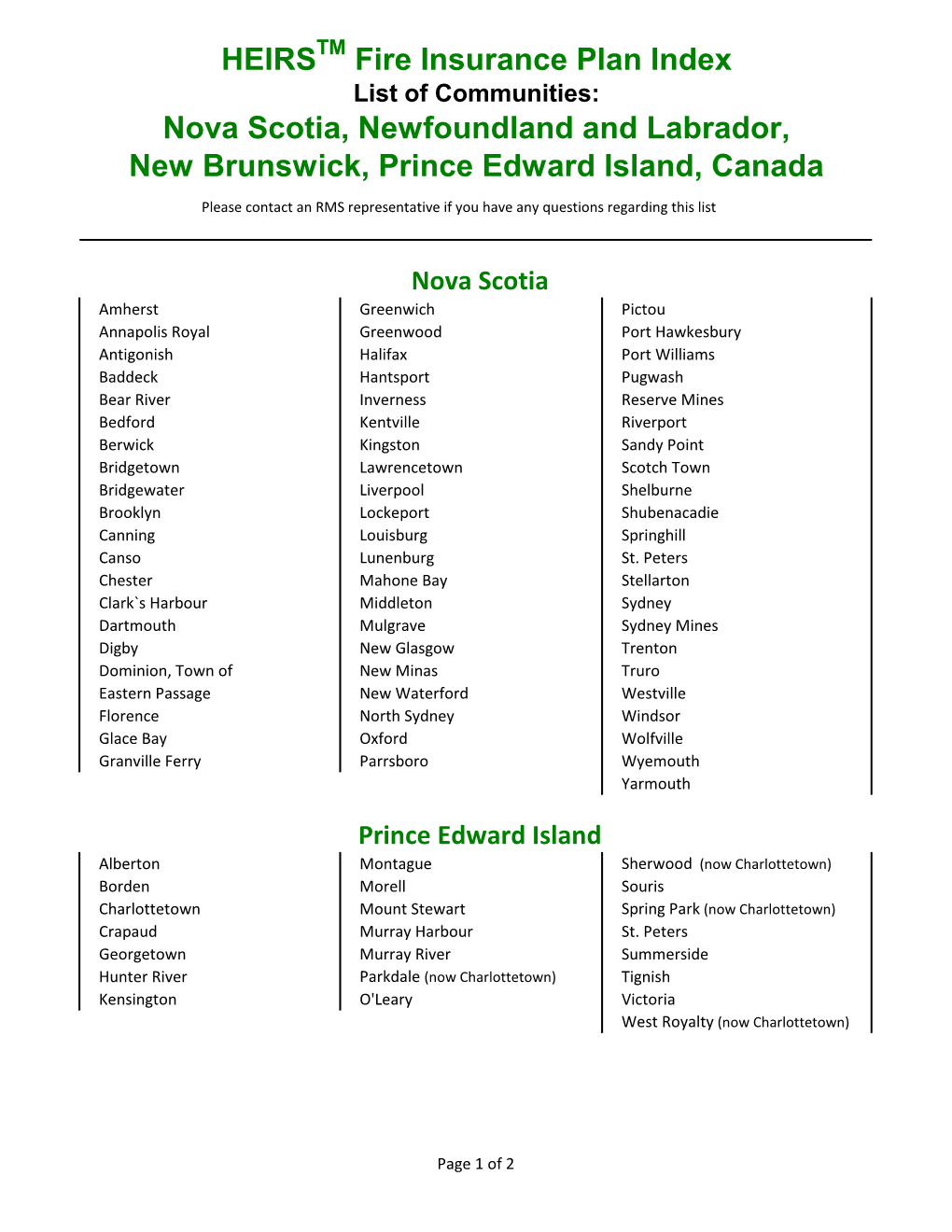 HEIRS Fire Insurance Plan Index Nova Scotia, Newfoundland And