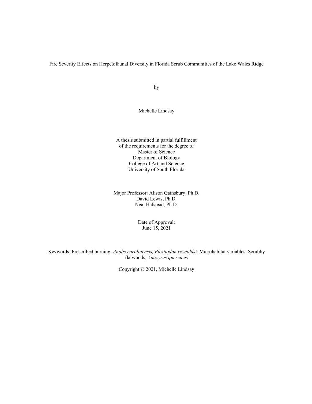 Fire Severity Effects on Herpetofaunal Diversity in Florida Scrub Communities of the Lake Wales Ridge