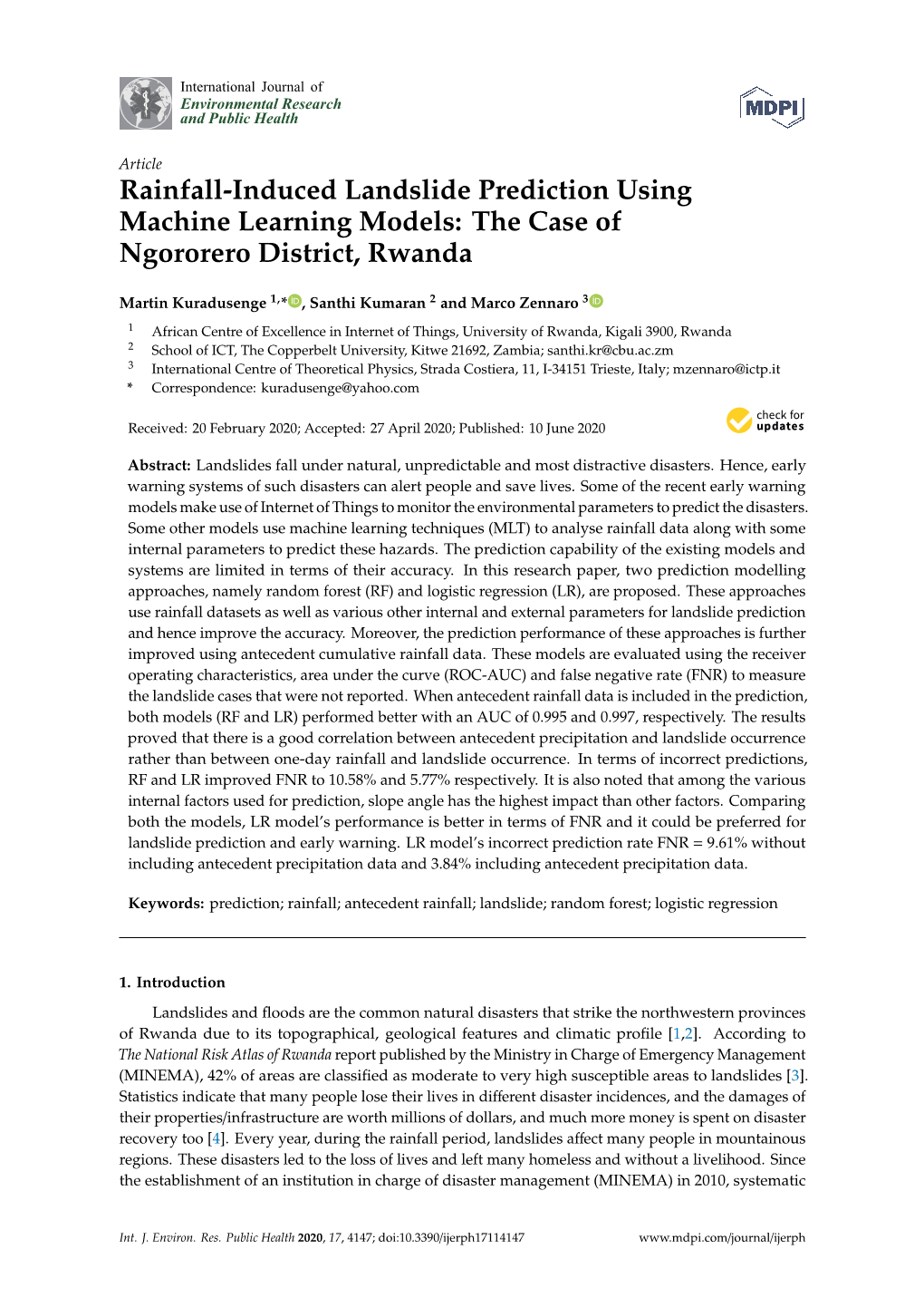 Rainfall-Induced Landslide Prediction Using Machine Learning Models: the Case of Ngororero District, Rwanda