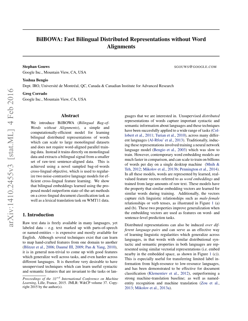 Bilbowa: Fast Bilingual Distributed Representations Without Word Alignments