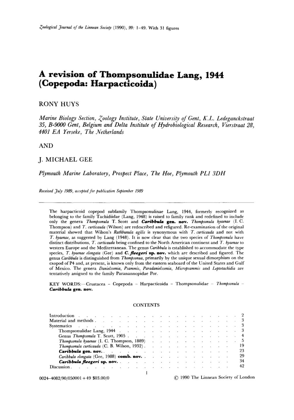 A Revision of Thompsonulidae Lang, 1944 (Copepoda: Harpacticoida)