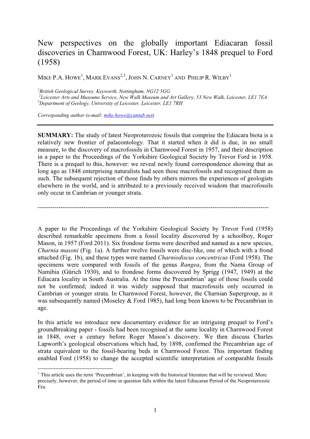 New Perspectives on the Globally Important Ediacaran Fossil Discoveries in Charnwood Forest, UK: Harley’S 1848 Prequel to Ford (1958)