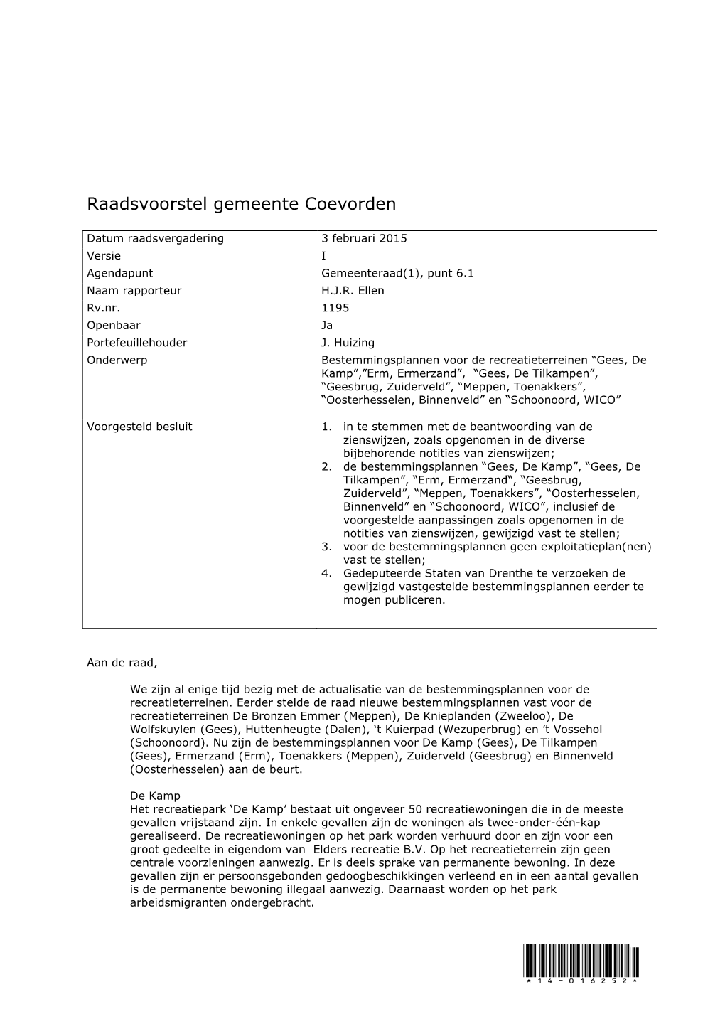 Raadsvoorstel Gemeente Coevorden