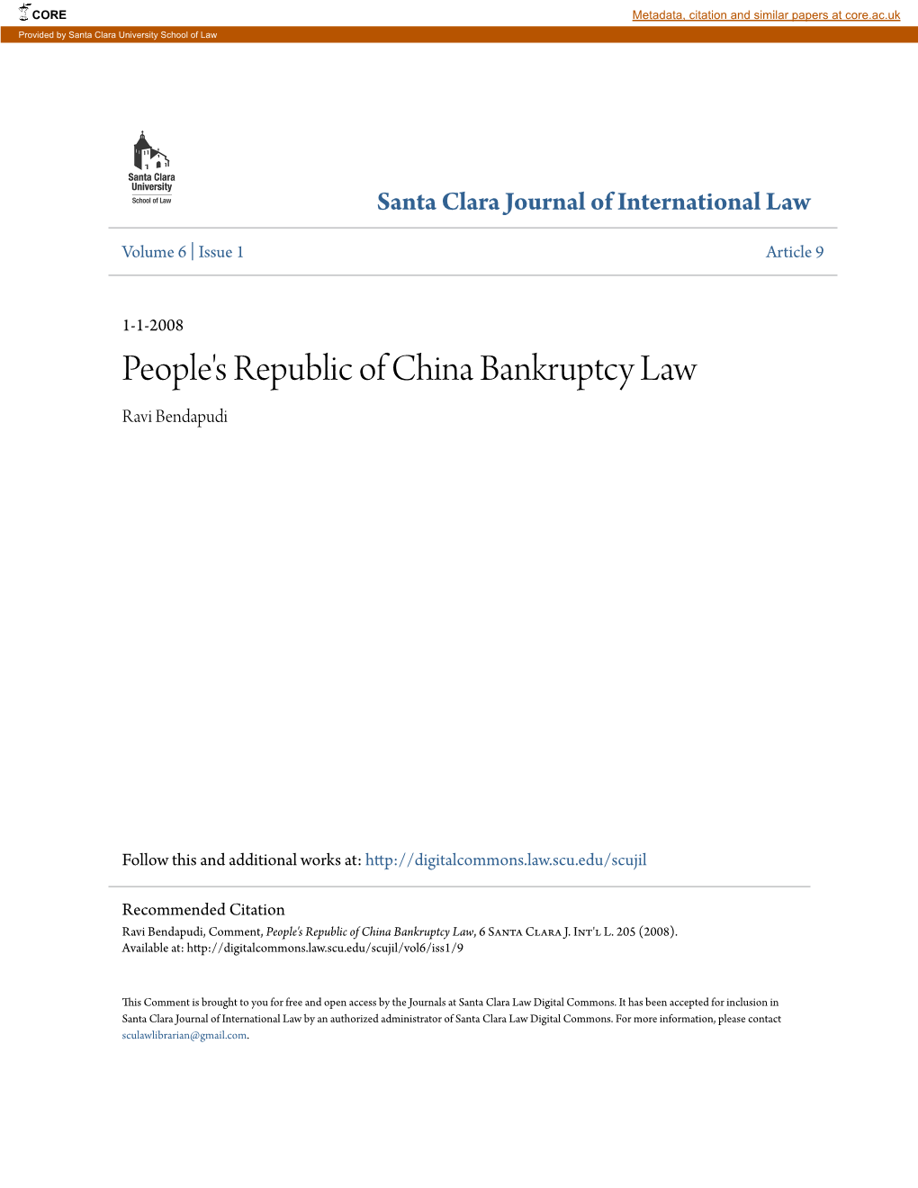 People's Republic of China Bankruptcy Law Ravi Bendapudi