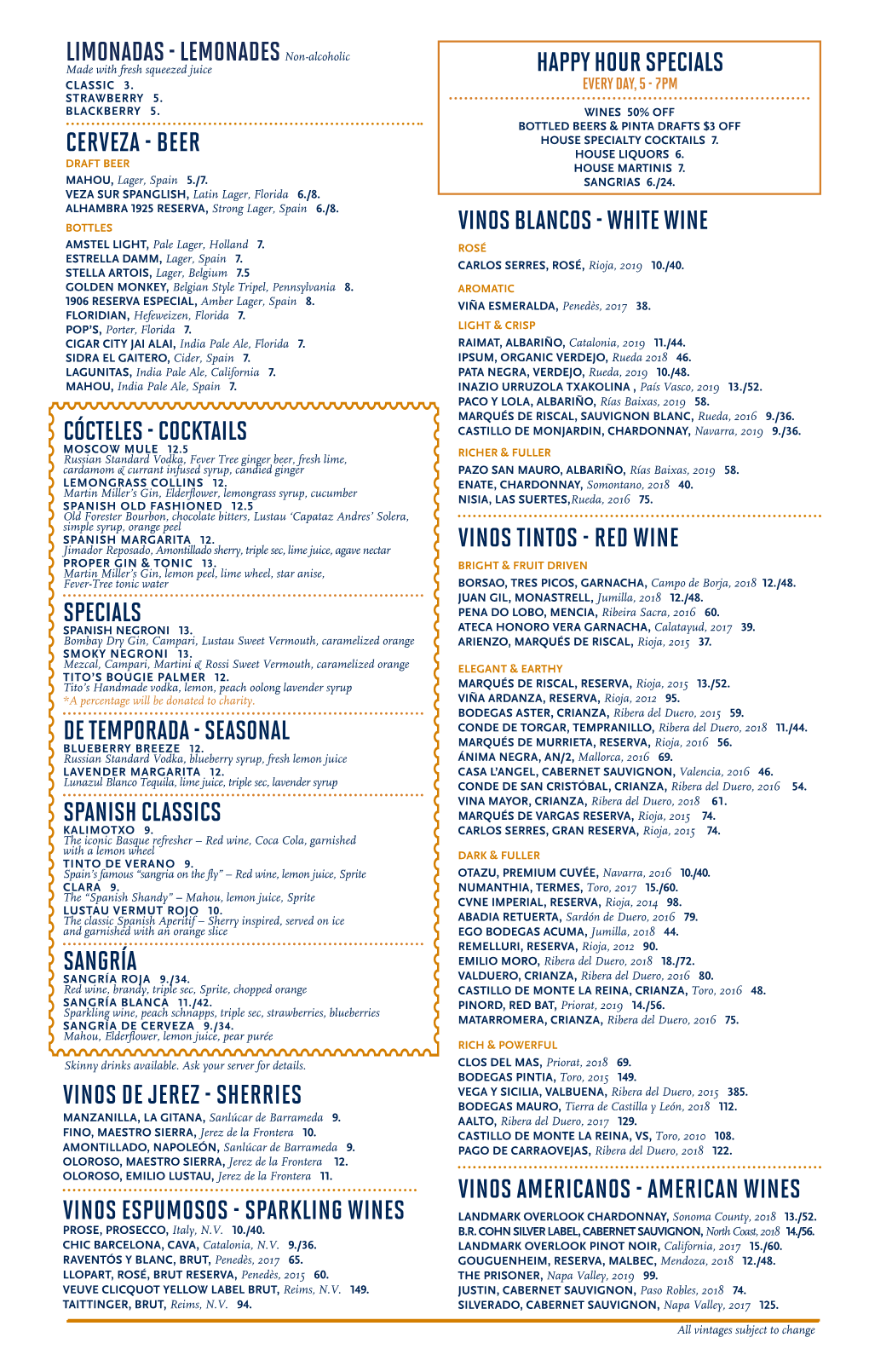 Bulla Coral Gables Beverage Menu