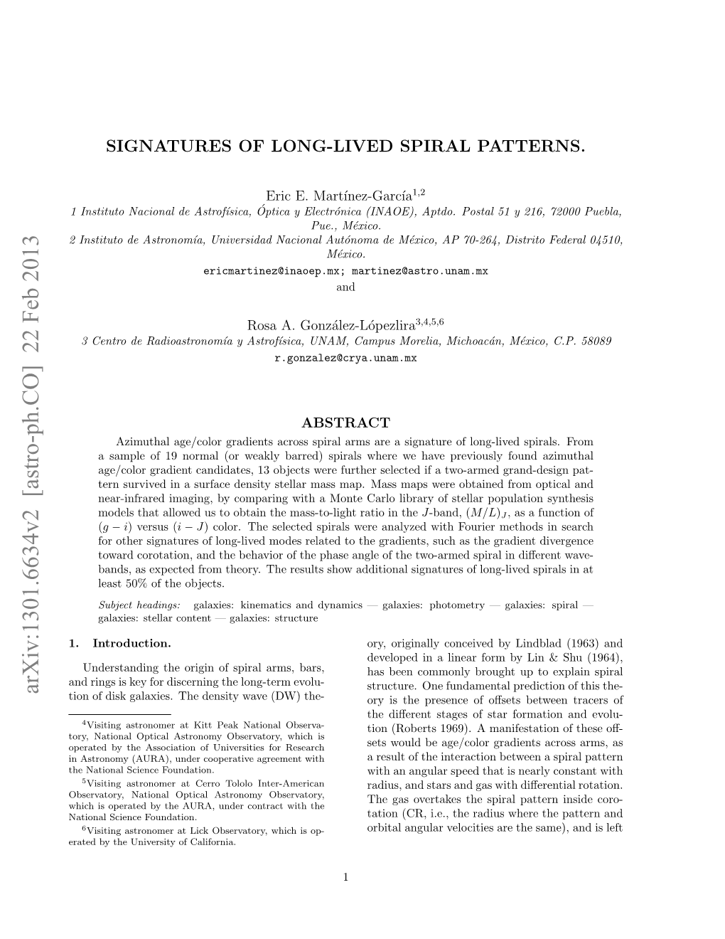 Signatures of Long-Lived Spiral Patterns