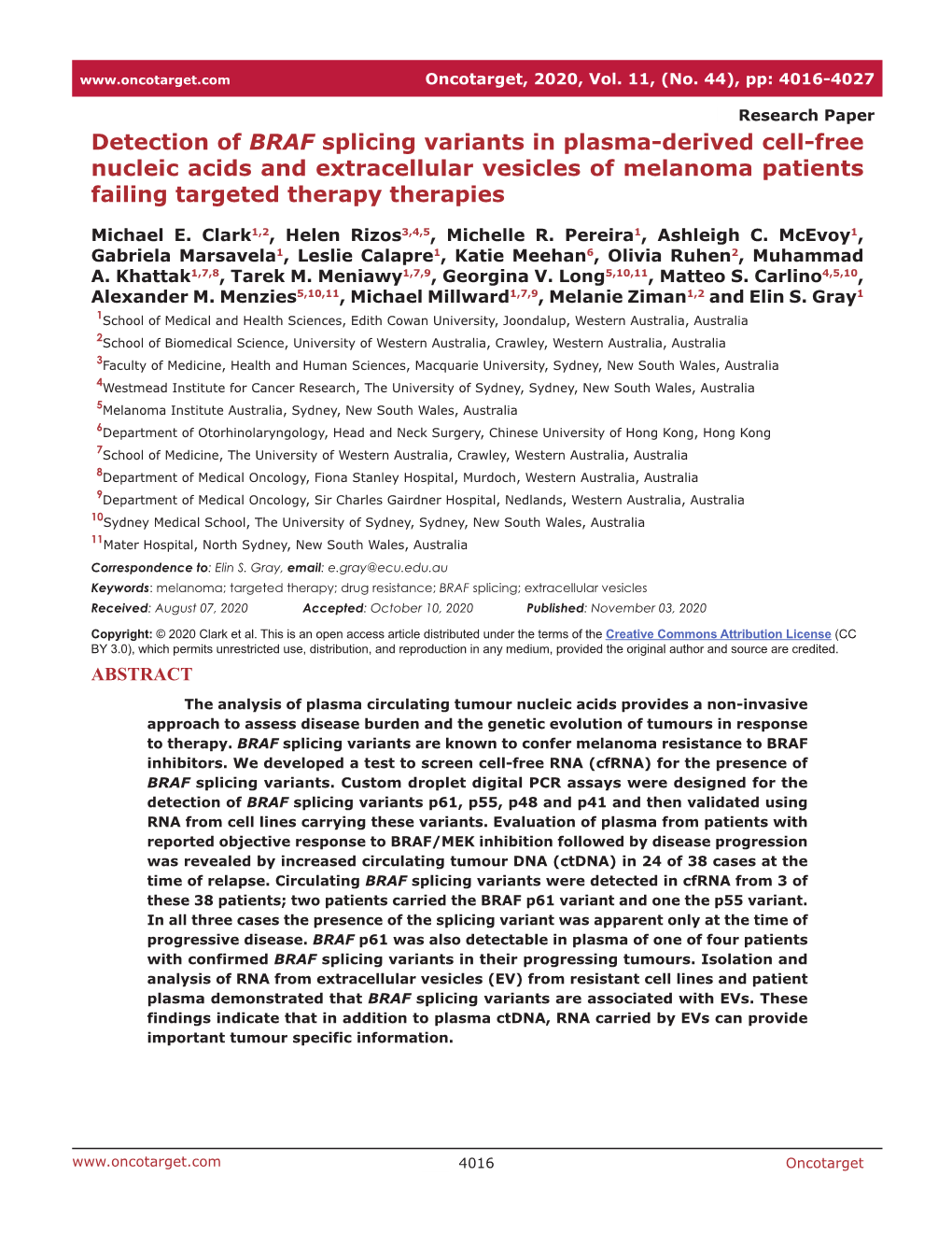 Detection of BRAF Splicing Variants in Plasma-Derived Cell-Free Nucleic Acids and Extracellular Vesicles of Melanoma Patients Failing Targeted Therapy Therapies