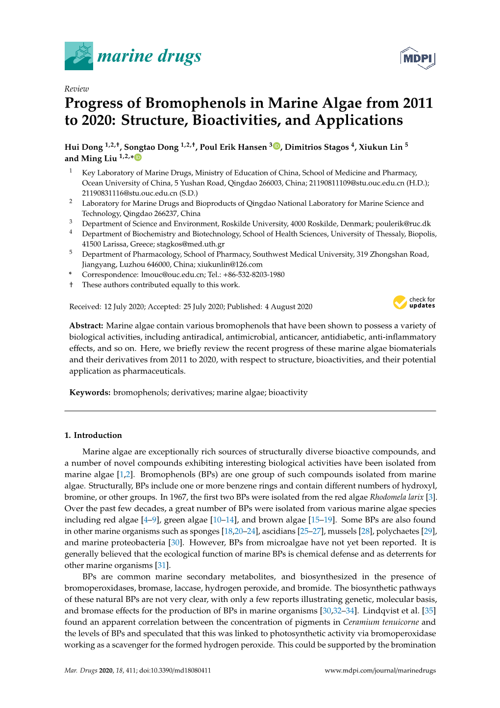 Progress of Bromophenols in Marine Algae from 2011 to 2020: Structure, Bioactivities, and Applications