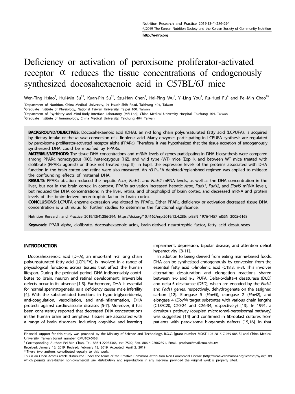 Deficiency Or Activation of Peroxisome Proliferator-Activated Receptor