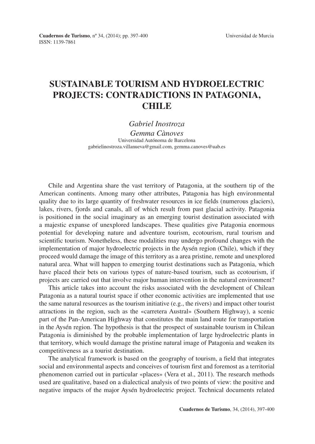Sustainable Tourism and Hydroelectric Projects: Contradictions in Patagonia, Chile