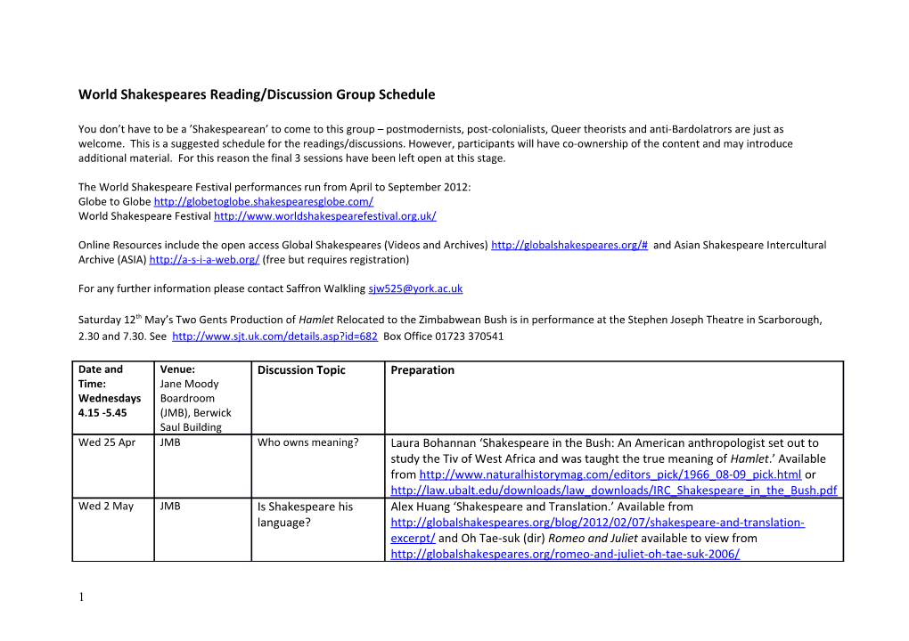 World Shakespeares Reading/Discussion Group Schedule