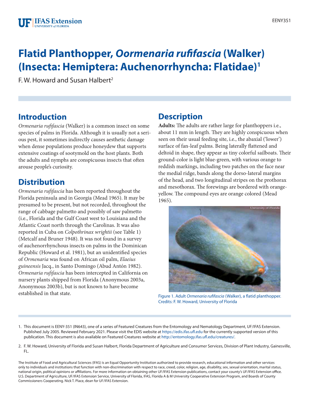 Flatid Planthopper, Oormenaria Rufifascia (Walker) (Insecta: Hemiptera: Auchenorrhyncha: Flatidae)1 F
