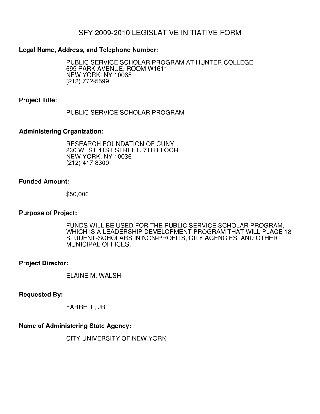 Sfy 2009-2010 Legislative Initiative Form