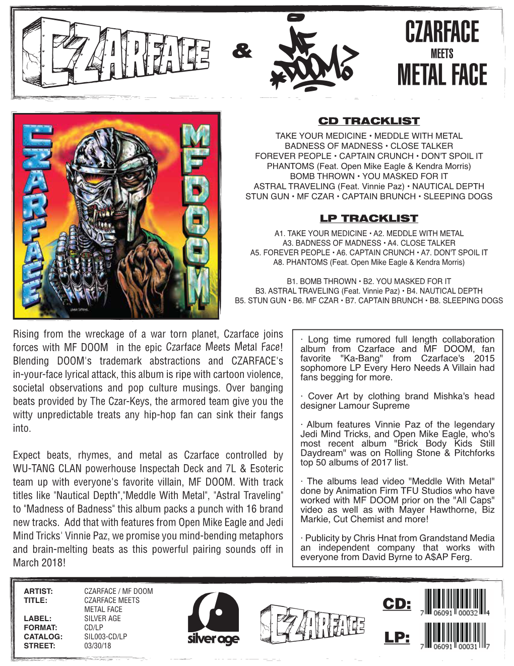 SIL 003 CZARFACE & MF DOOM Czarface Meets Metalface CD LP