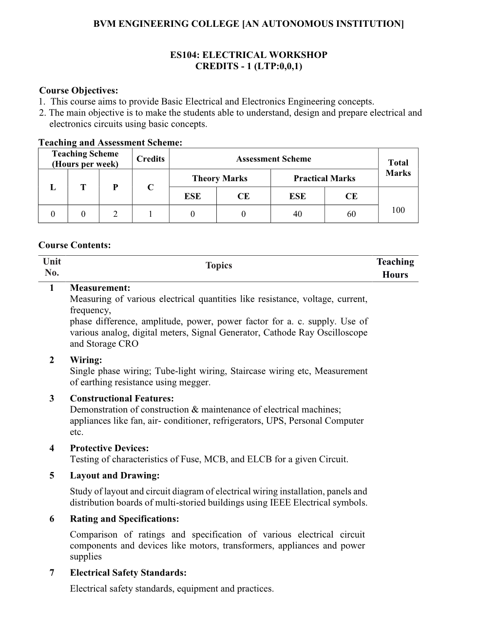 Es104: Electrical Workshop Credits - 1 (Ltp:0,0,1)