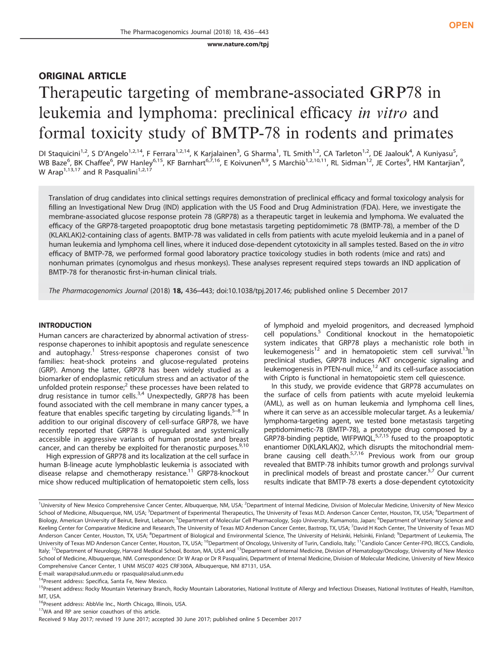 Therapeutic Targeting of Membrane-Associated GRP78 in Leukemia and Lymphoma: Preclinical Efficacy in Vitro and Formal Toxicity S