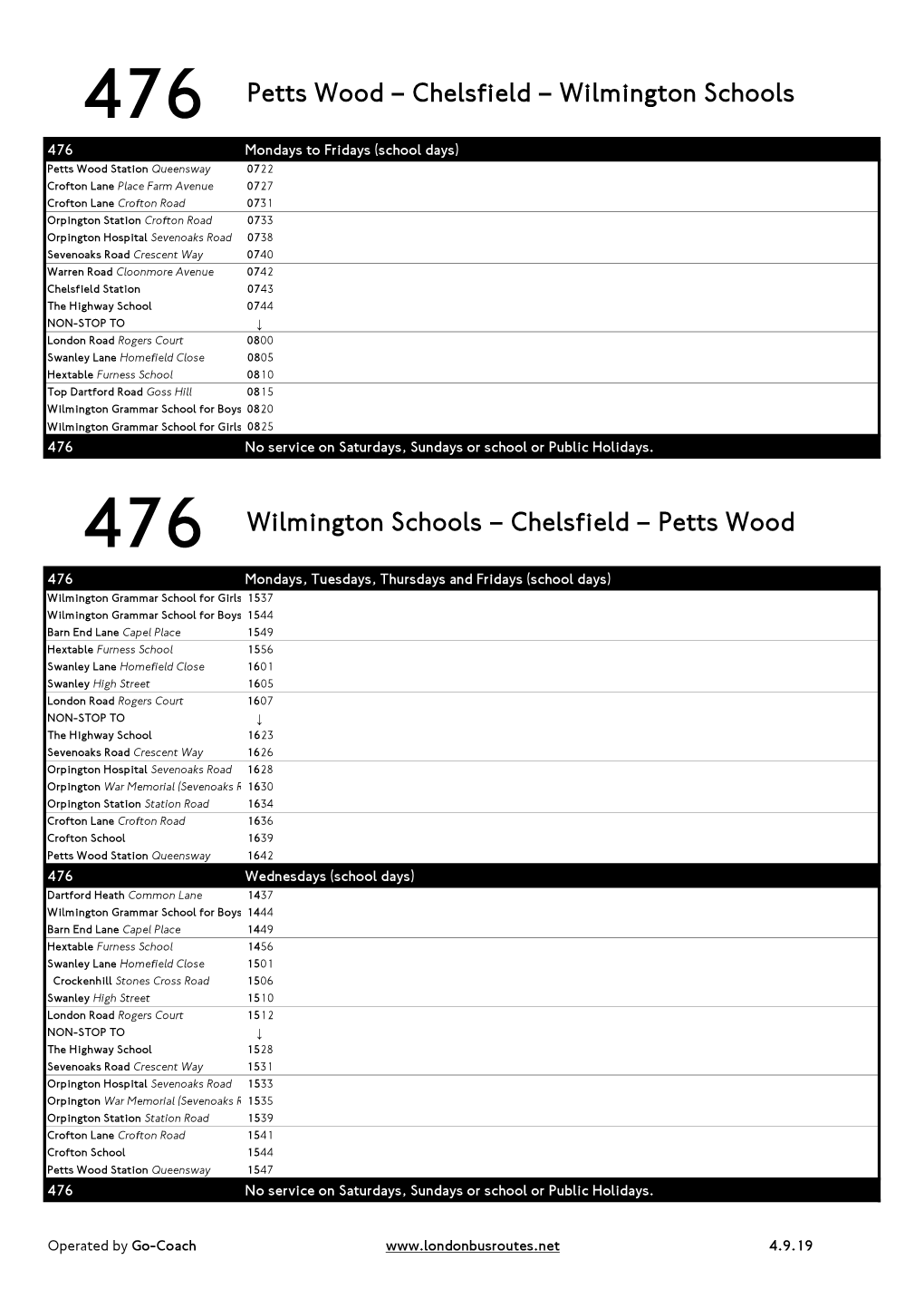 476 Petts Wood – Chelsfield – Wilmington Schools 476 Wilmington Schools – Chelsfield – Petts Wood