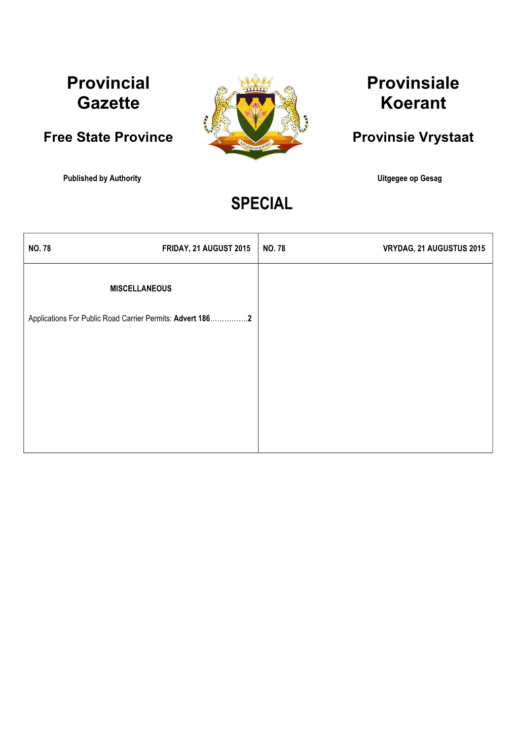 Provincial Gazette for Free State No 78 of 21-August-2015