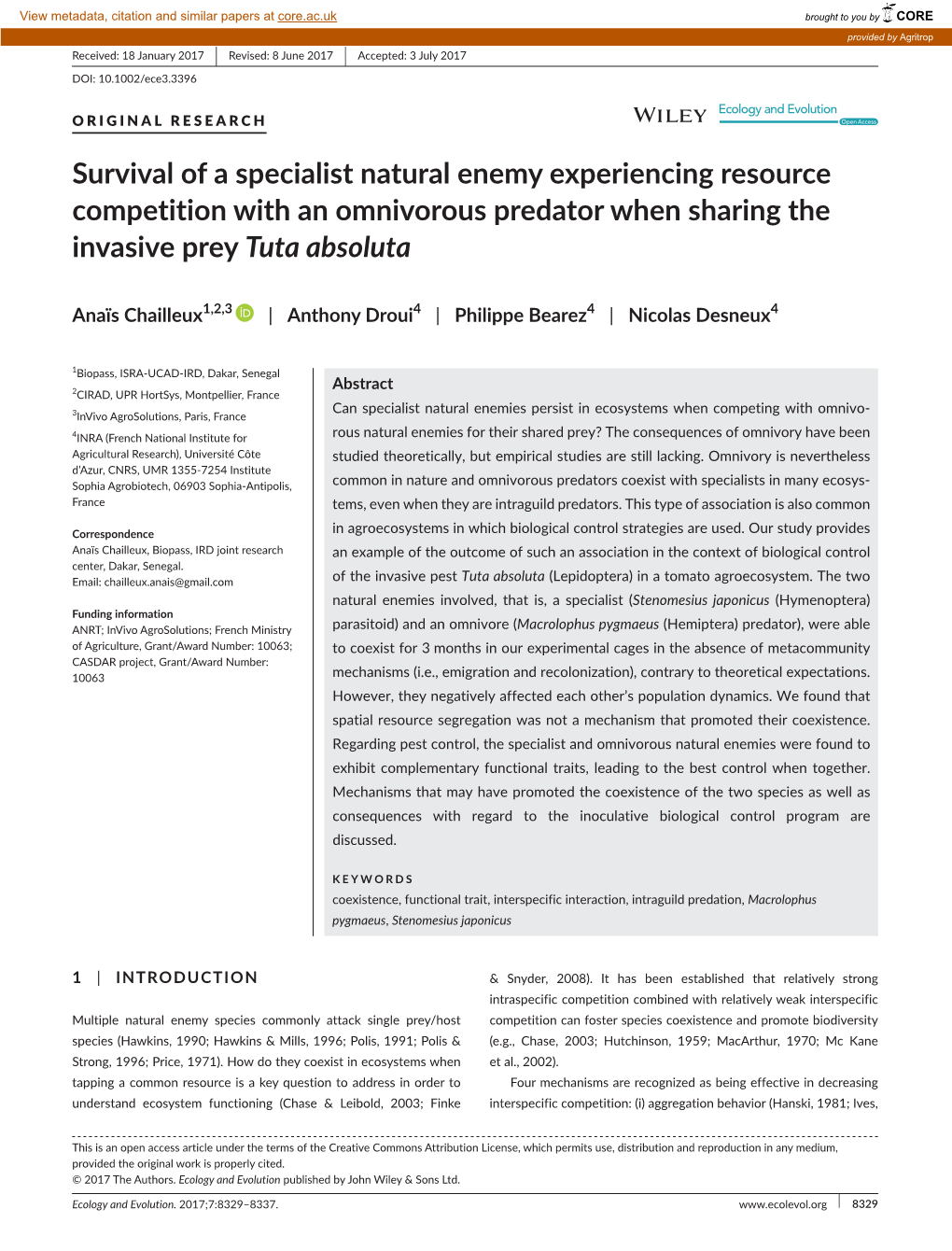 Survival of a Specialist Natural Enemy Experiencing Resource Competition with an Omnivorous Predator When Sharing the Invasive Prey Tuta Absoluta