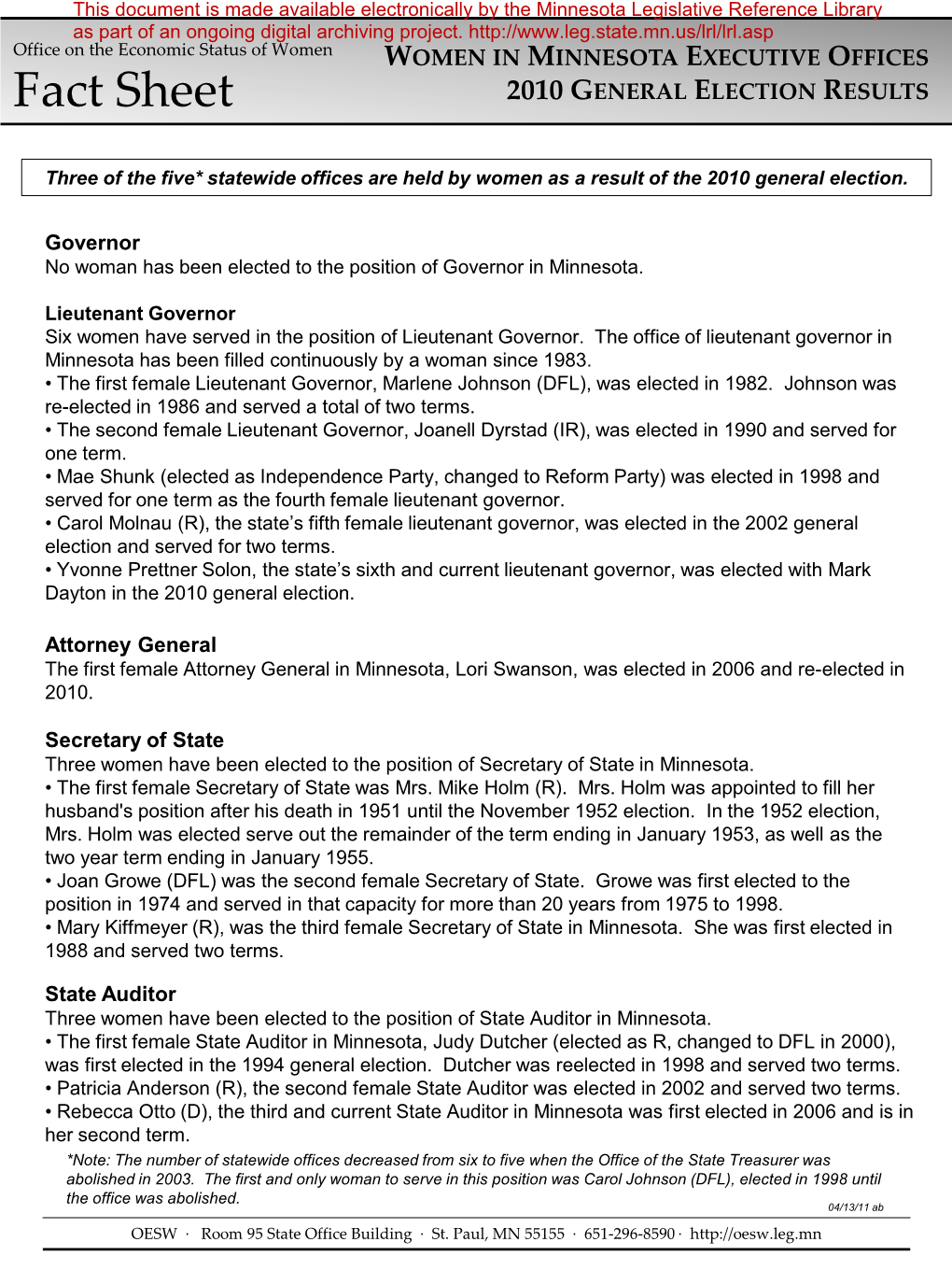 Fact Sheet 2010 GENERAL ELECTION RESULTS