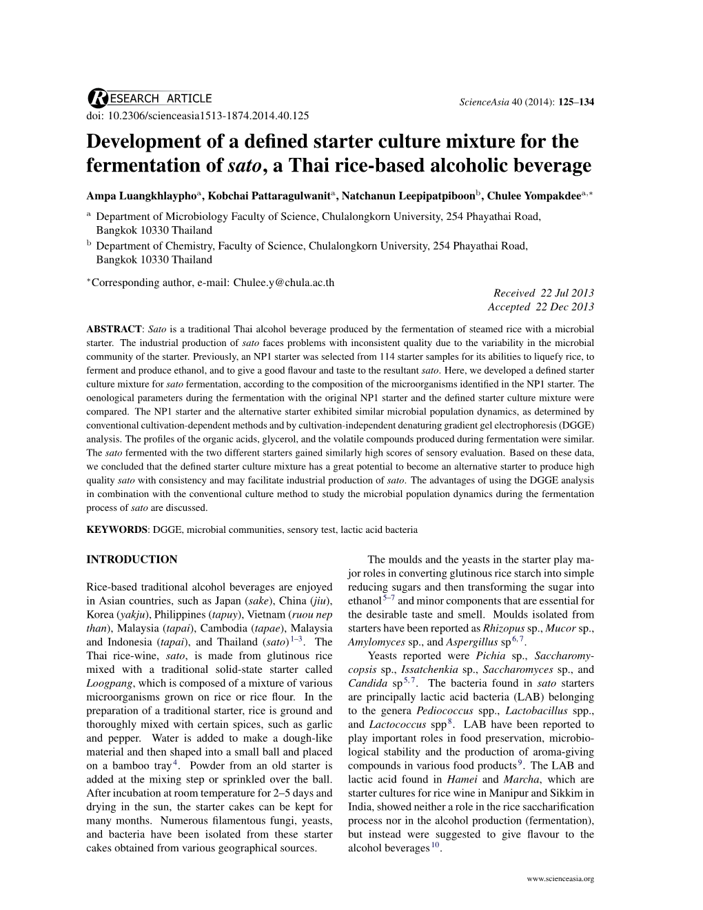 Development of a Defined Starter Culture Mixture for the Fermentation of Sato, a Thai Rice-Based Alcoholic Beverage