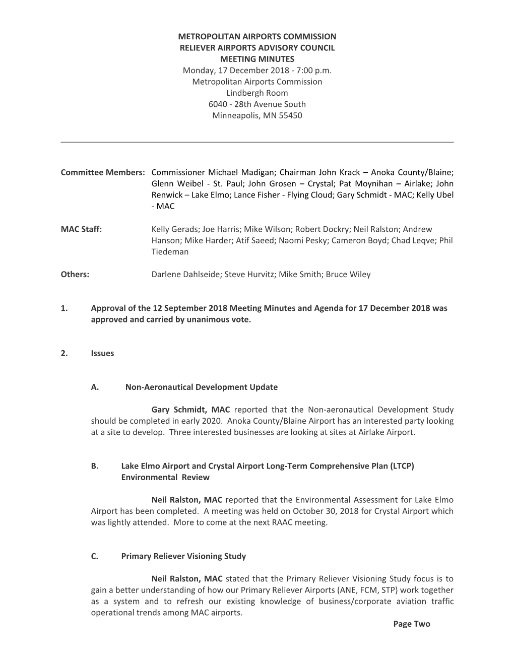 METROPOLITAN AIRPORTS COMMISSION RELIEVER AIRPORTS ADVISORY COUNCIL MEETING MINUTES Monday, 17 December 2018 - 7:00 P.M