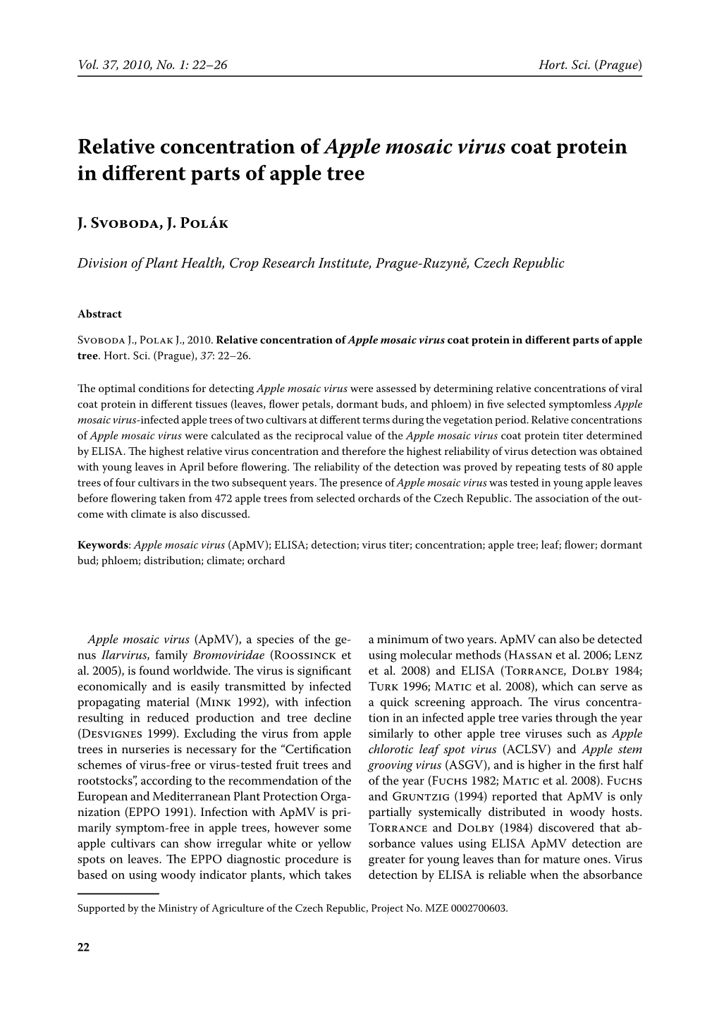 Relative Concentration of Apple Mosaic Virus Coat Protein in Different Parts of Apple Tree