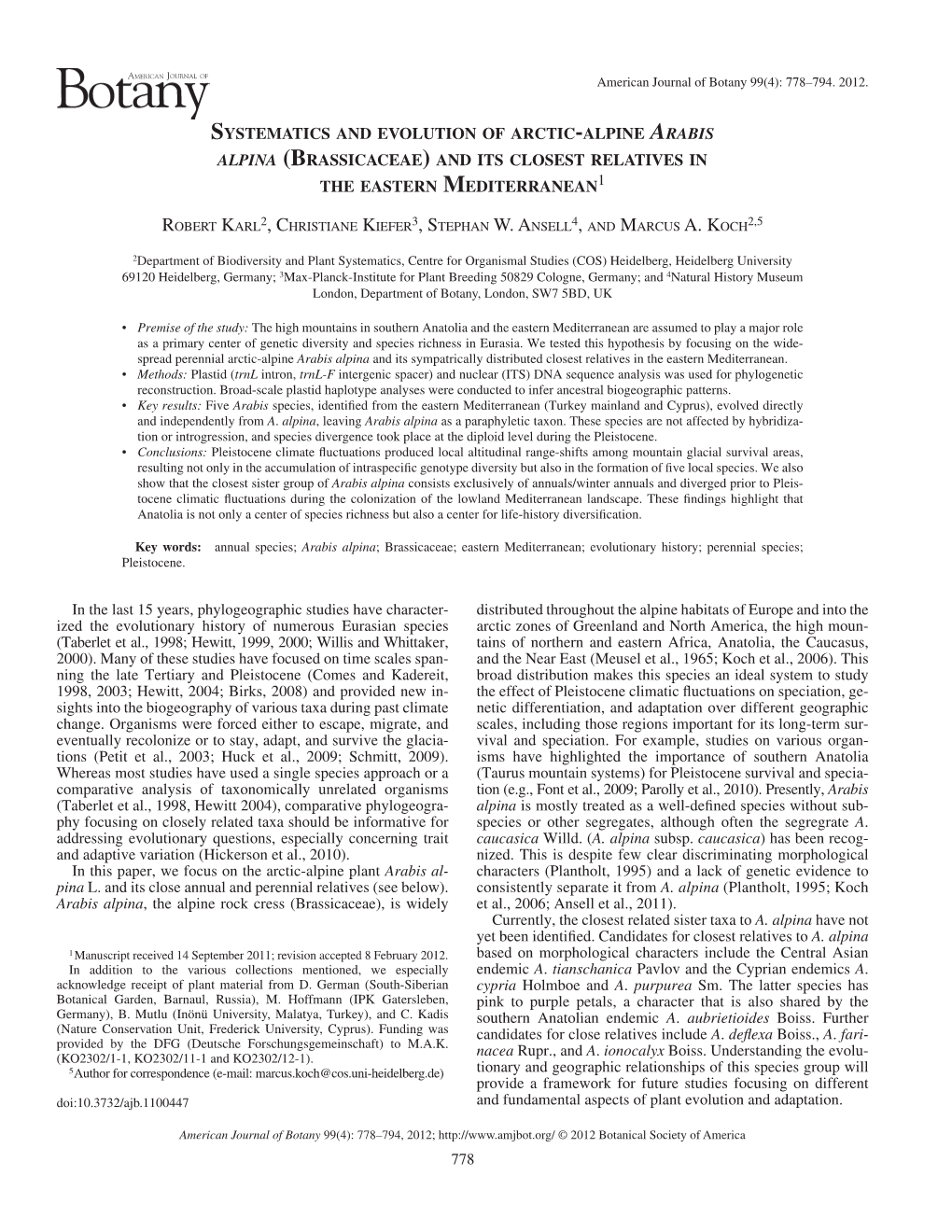 Systematics and Evolution of Arctic‐Alpine Arabis Alpina