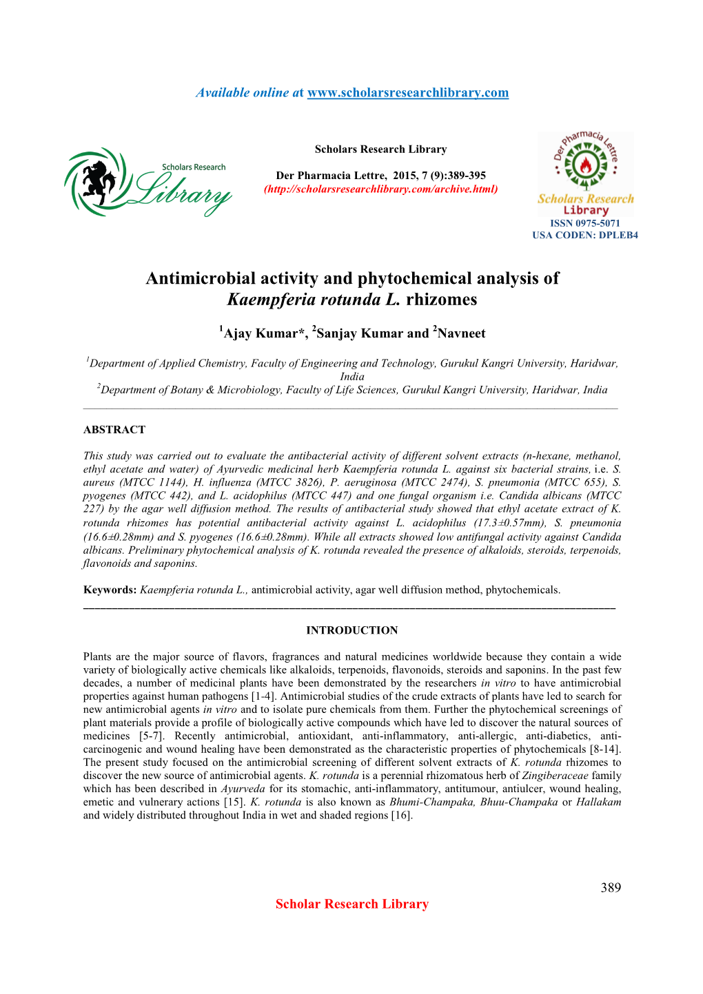 Antimicrobial Activity and Phytochemical Analysis of Kaempferia Rotunda L