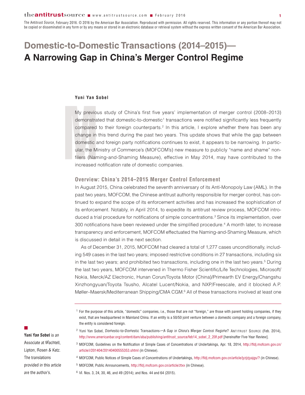 Domestic-To-Domestic Transactions (2014–2015)— a Narrowing Gap in China’S Merger Control Regime