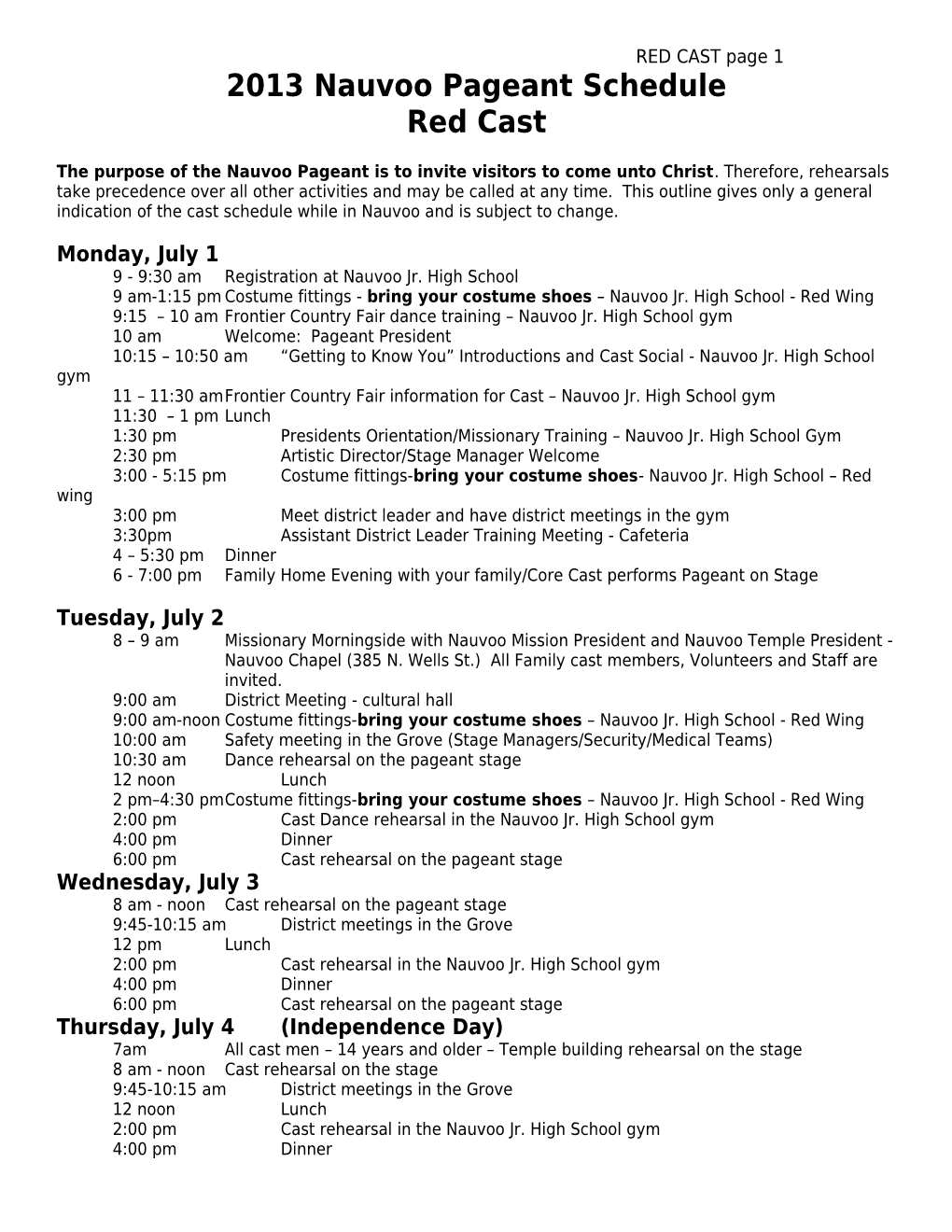 2006 Nauvoo Pageant Schedule