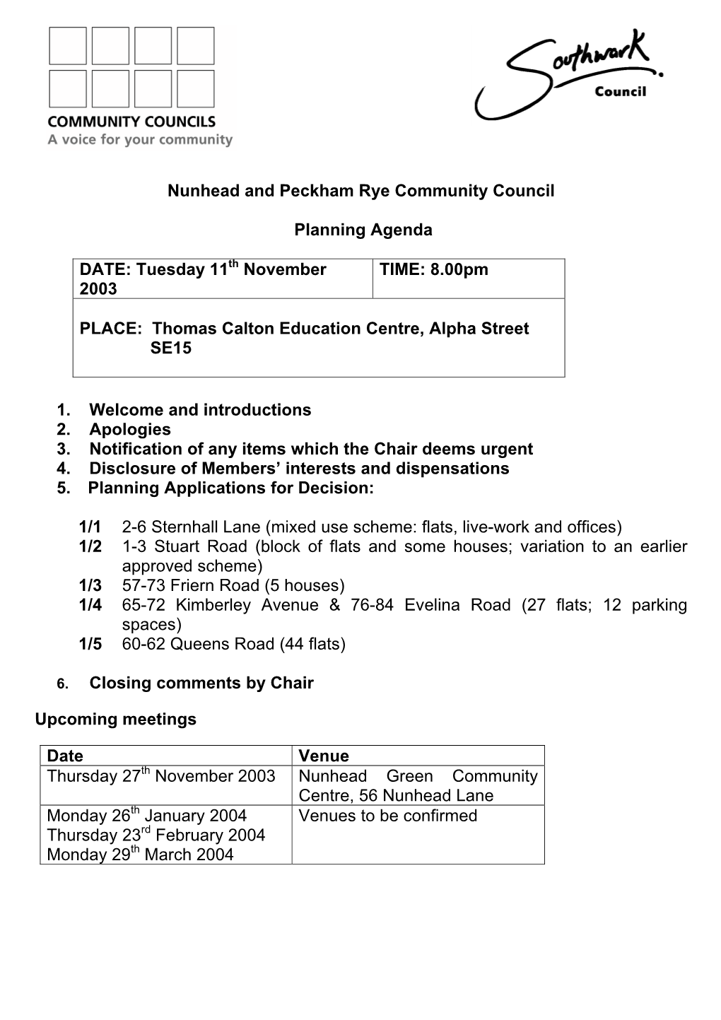 Nunhead and Peckham Rye Community Council Planning