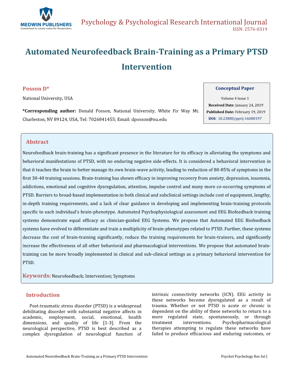 Automated Neurofeedback Brain-Training As a Primary PTSD Intervention