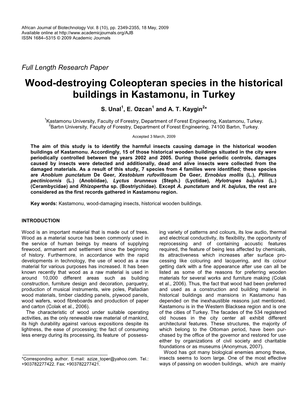 Wood-Destroying Coleopteran Species in the Historical Buildings in Kastamonu, in Turkey
