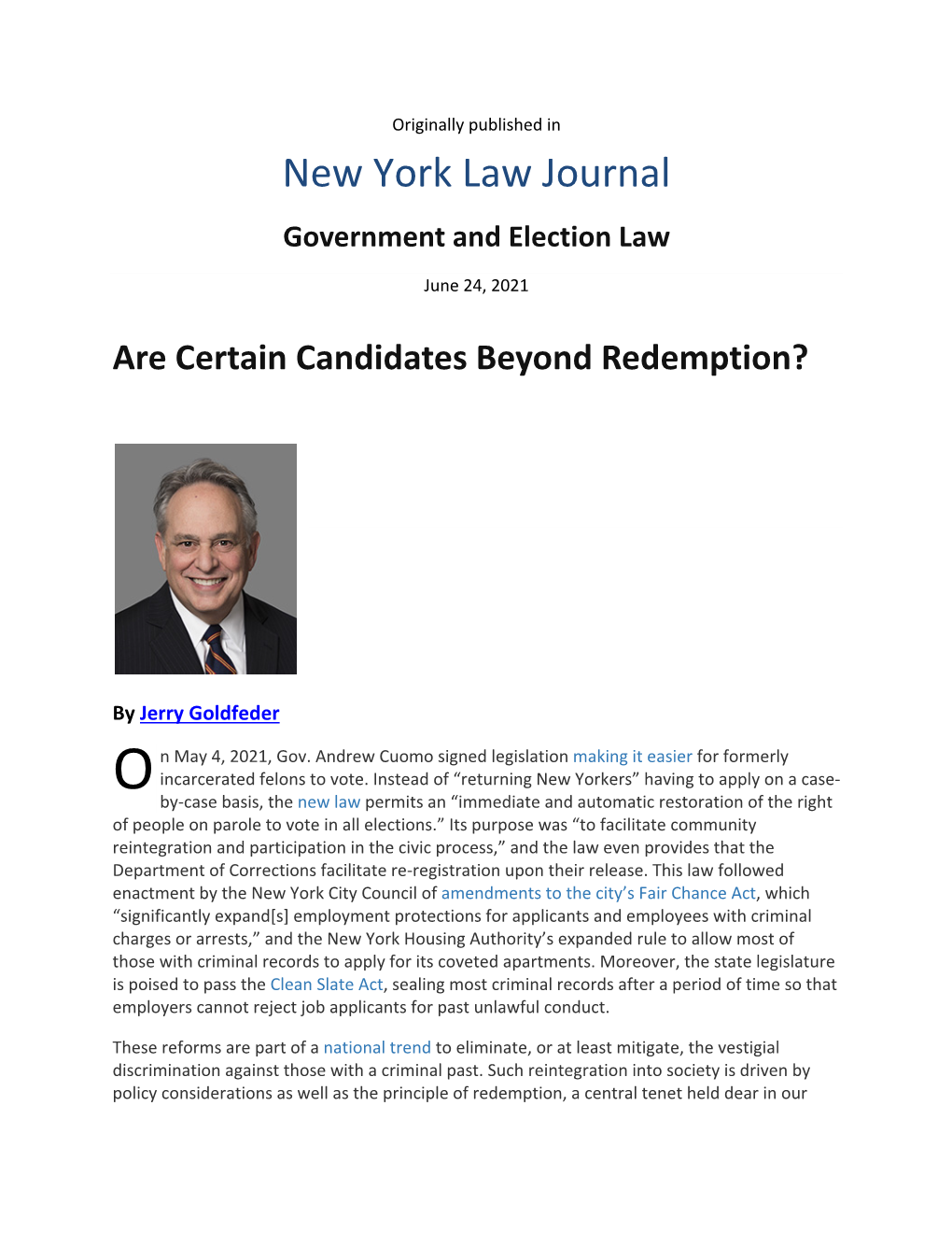 New York Law Journal Government and Election Law