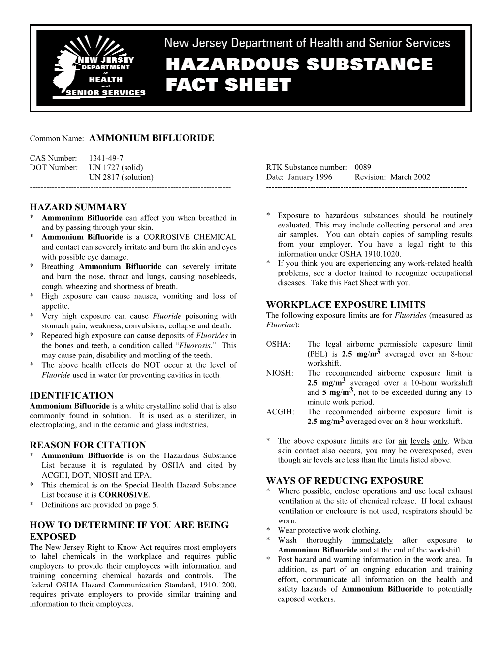 Ammonium Bifluoride Hazard Summary Identification