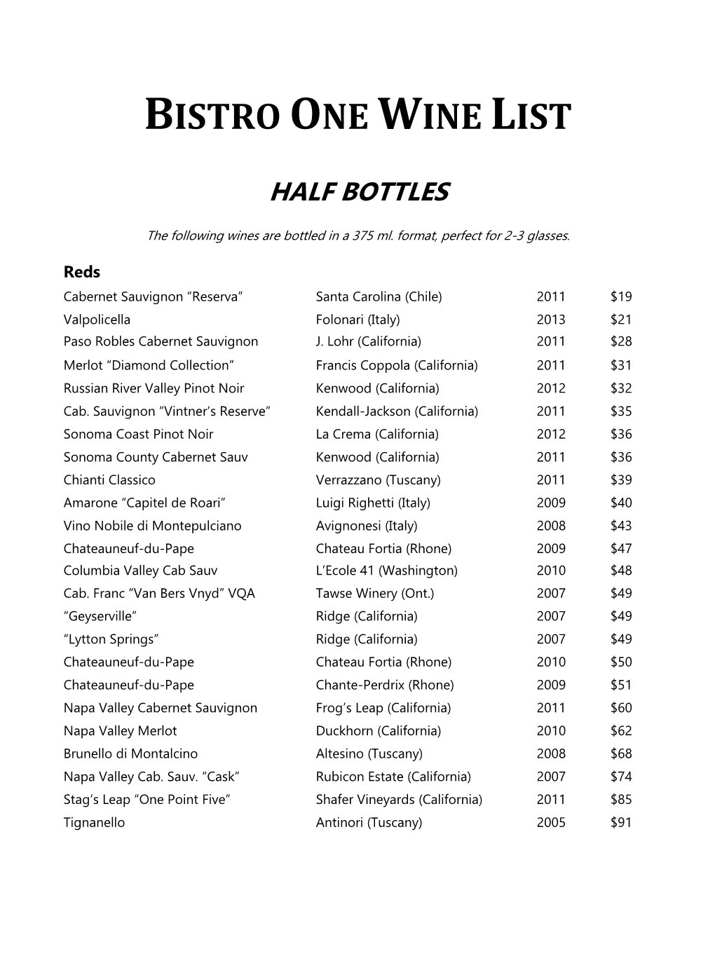 Bistro One Wine List