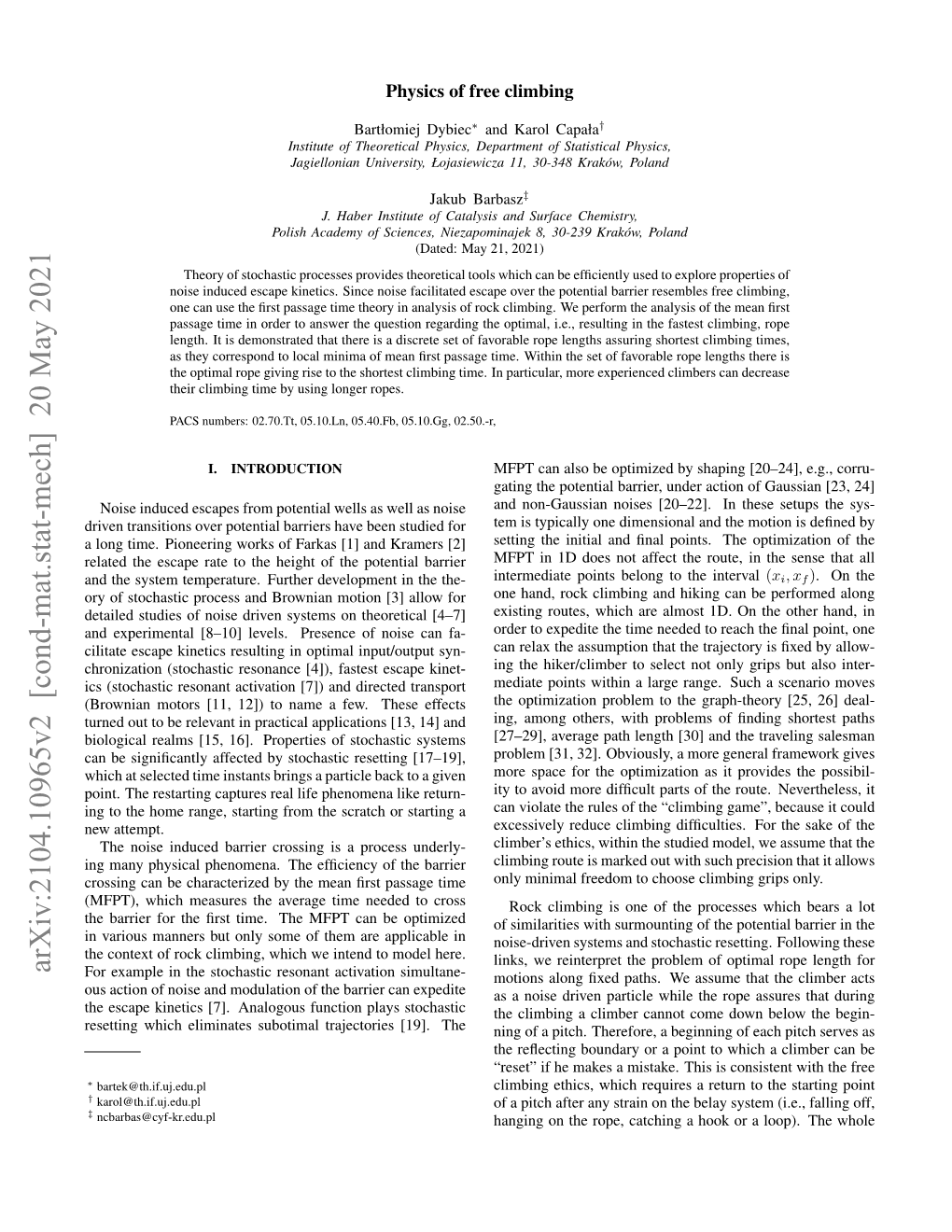 Arxiv:2104.10965V2 [Cond-Mat.Stat-Mech] 20 May 2021 for Example in the Stochastic Resonant Activation Simultane- Motions Along ﬁxed Paths