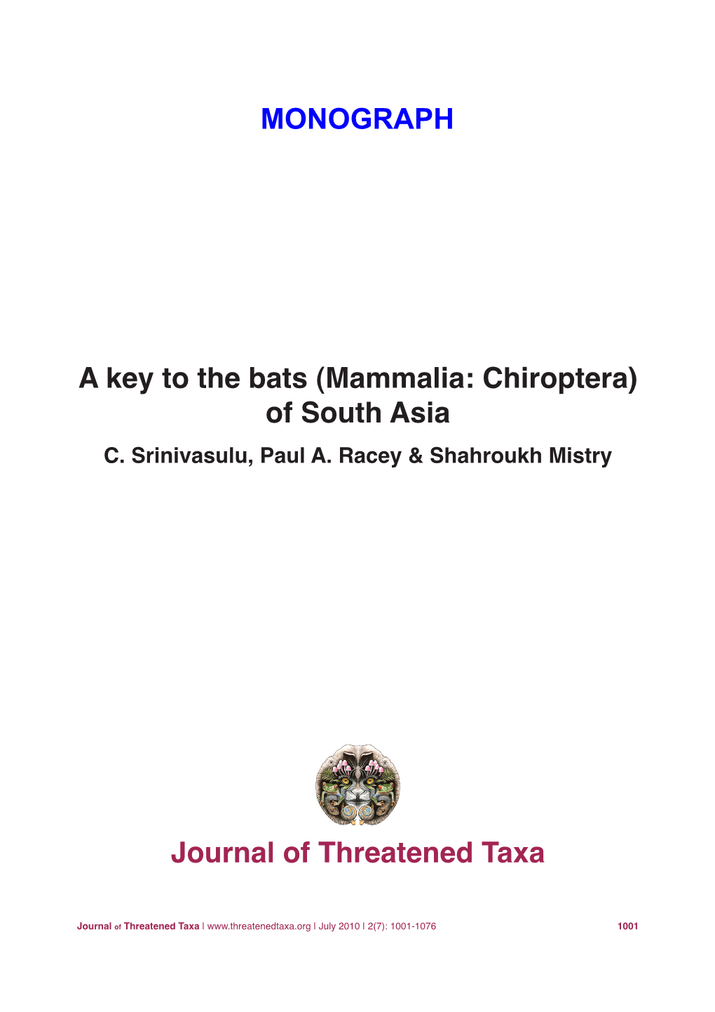 A Key to the Bats (Mammalia: Chiroptera) of South Asia C