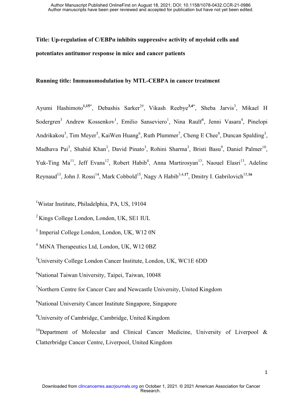 Up-Regulation of C/Ebpα Inhibits Suppressive Activity of Myeloid Cells and Potentiates Antitumor Response in Mice and Cancer Patients