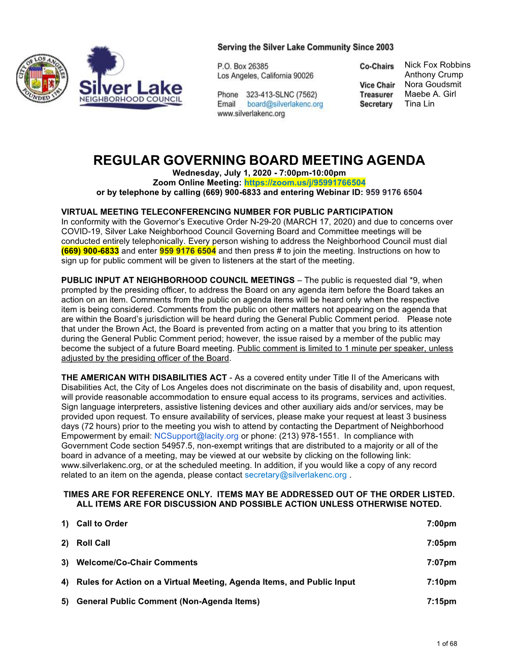 Regular Governing Board Meeting Agenda