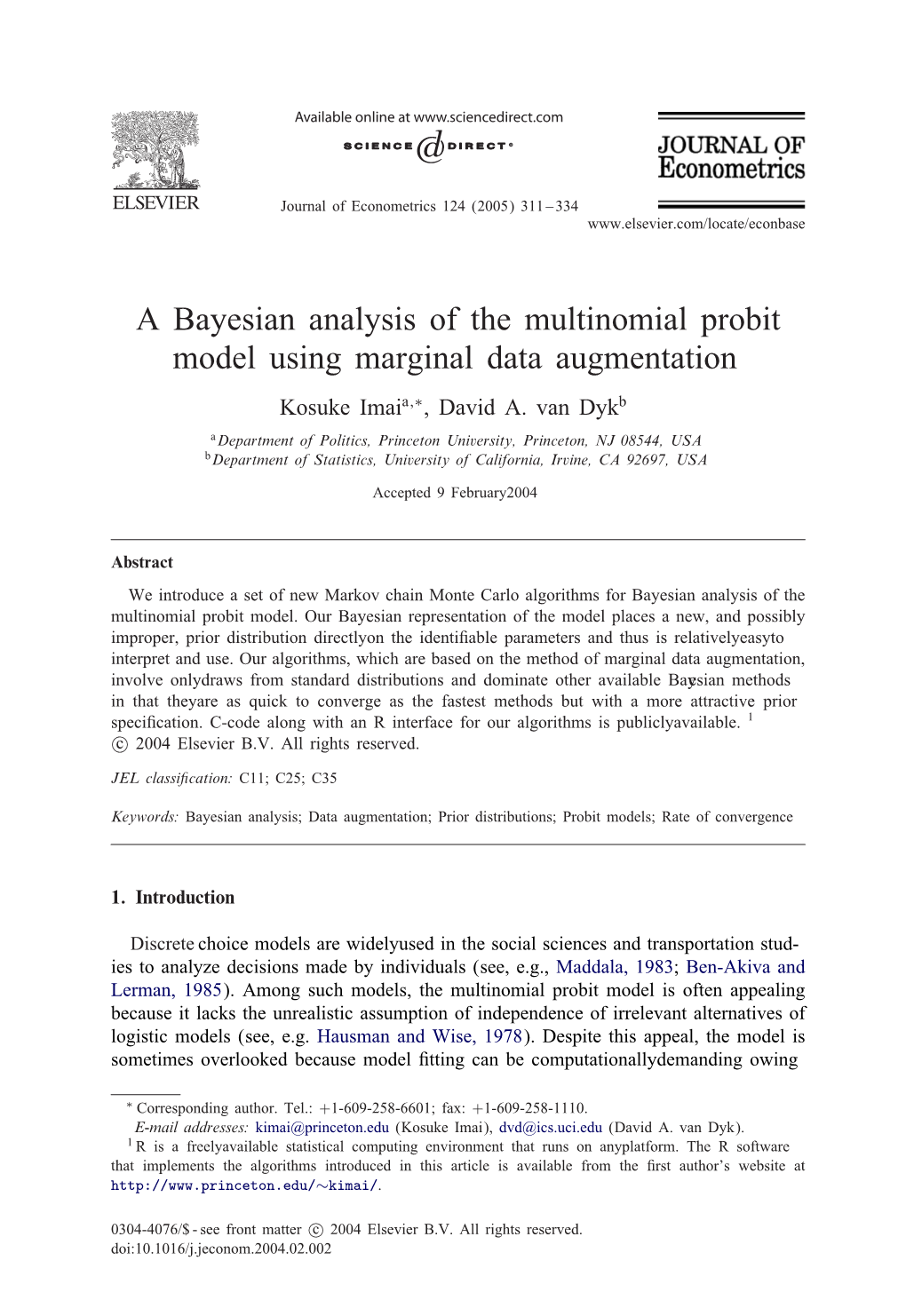 A Bayesian Analysis of the Multinomial Probit Model Using Marginal Data Augmentation Kosuke Imaia;∗, David A