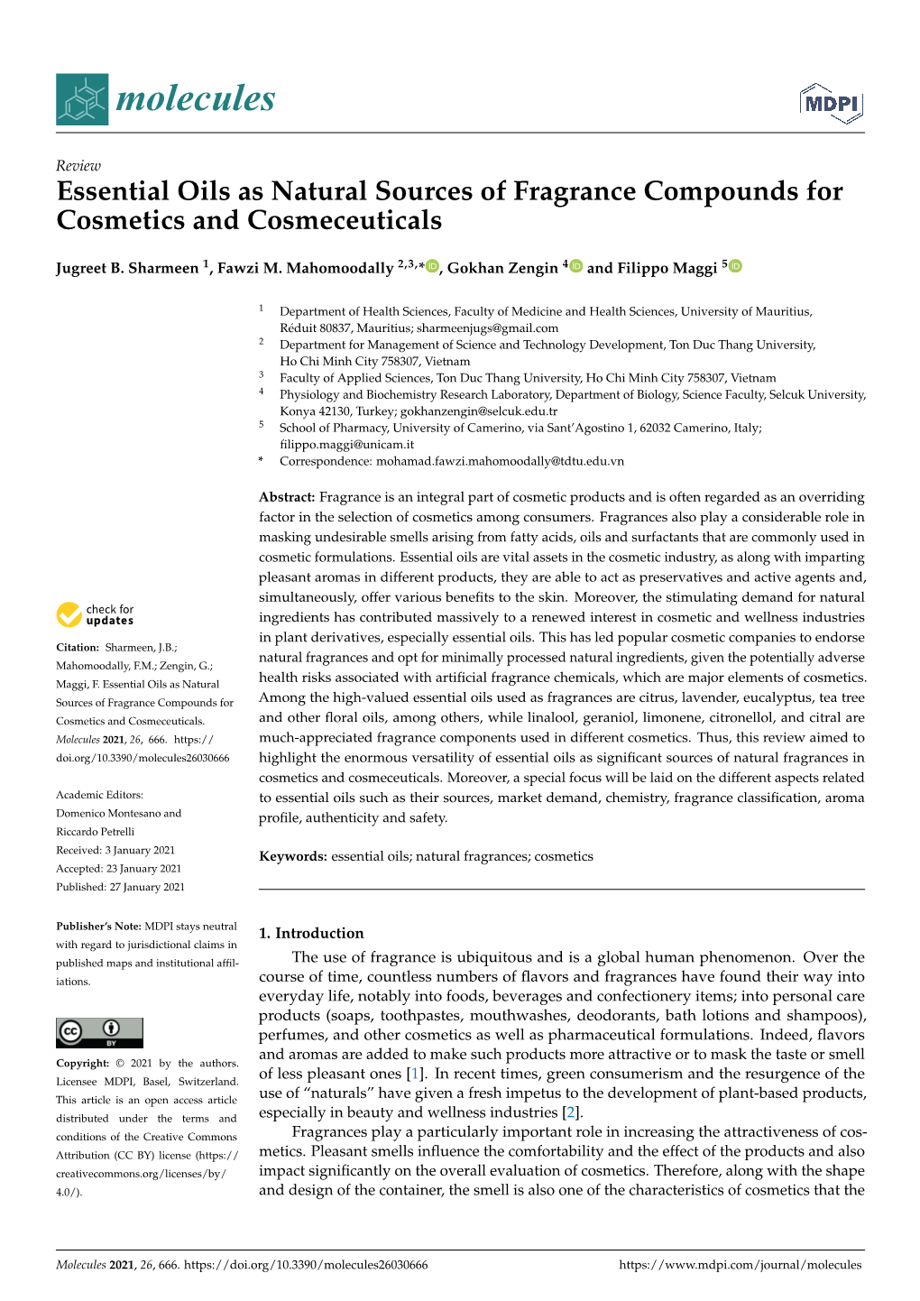 Essential Oils As Natural Sources of Fragrance Compounds for Cosmetics and Cosmeceuticals